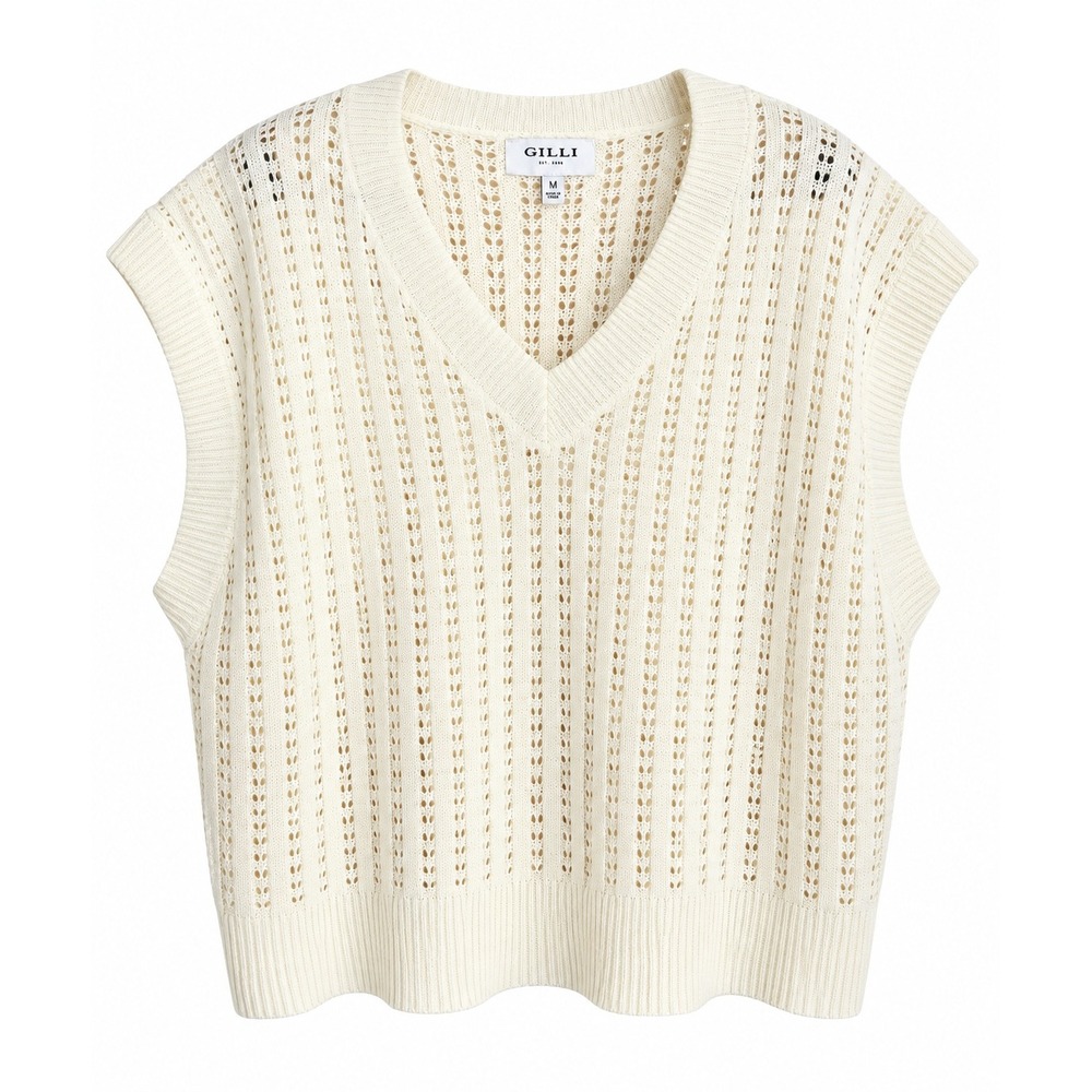Gilli Womens Pointelle Knit V-Neck Sweater Vest Cream Ivory Size Medium NWT